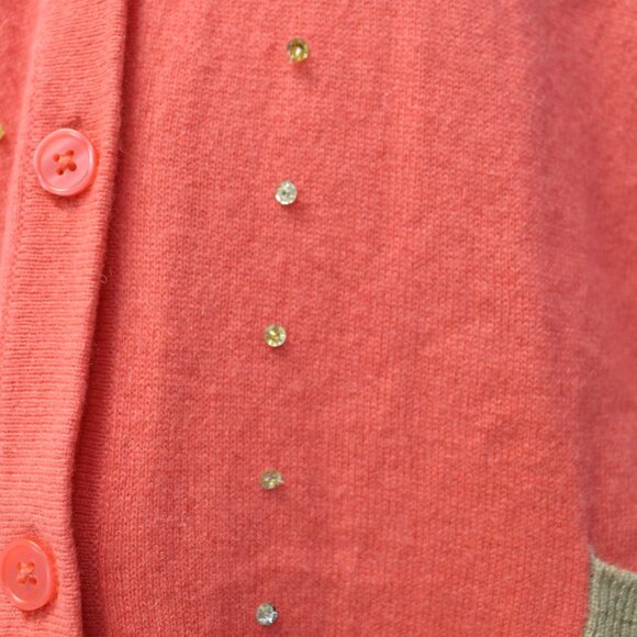 Garnet Hill Women’s Colorblock Cashmere Cardigan Size Medium Coral Pink and tan - Picture 13 of 16